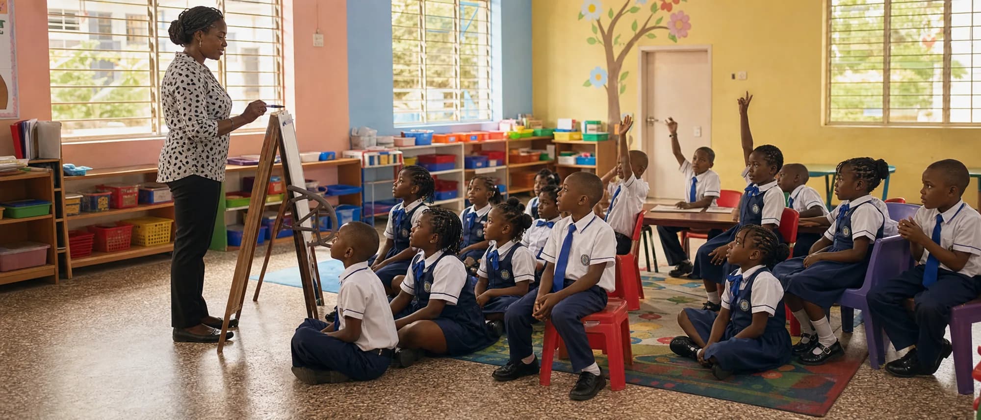 A teacher leading a full classroom lesson