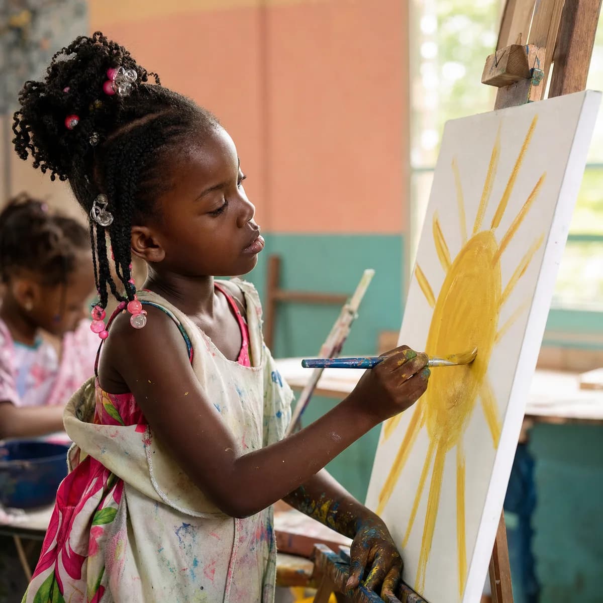 A child painting a bright sun at an easel