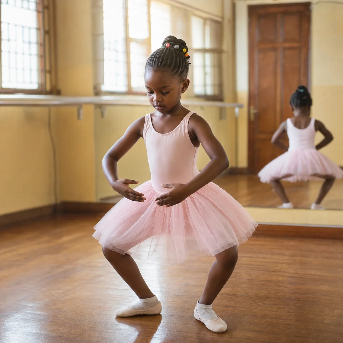 A child practising ballet in a sunlit hall
