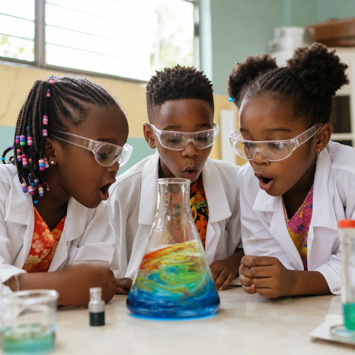 Children watching a colourful science experiment
