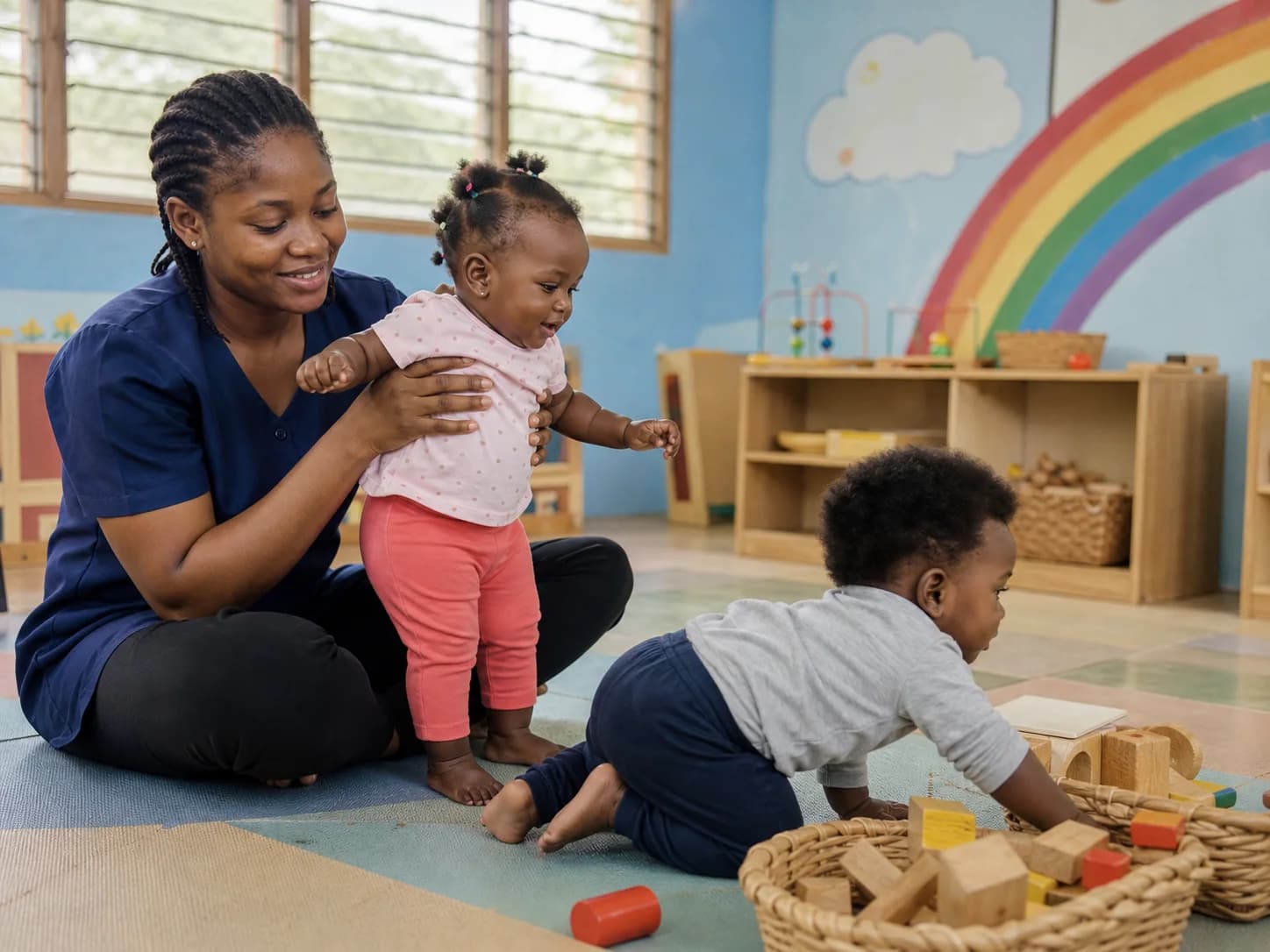 A caregiver playing with two toddlers