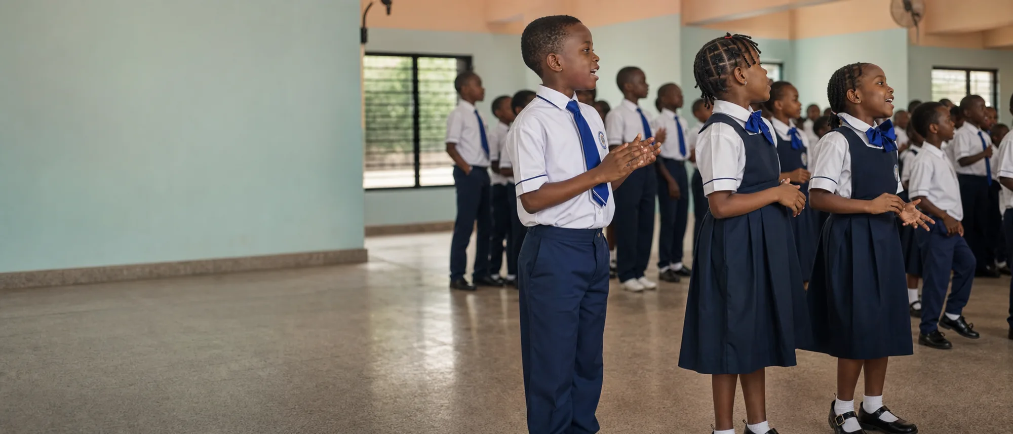 Primary pupils singing together at morning assembly