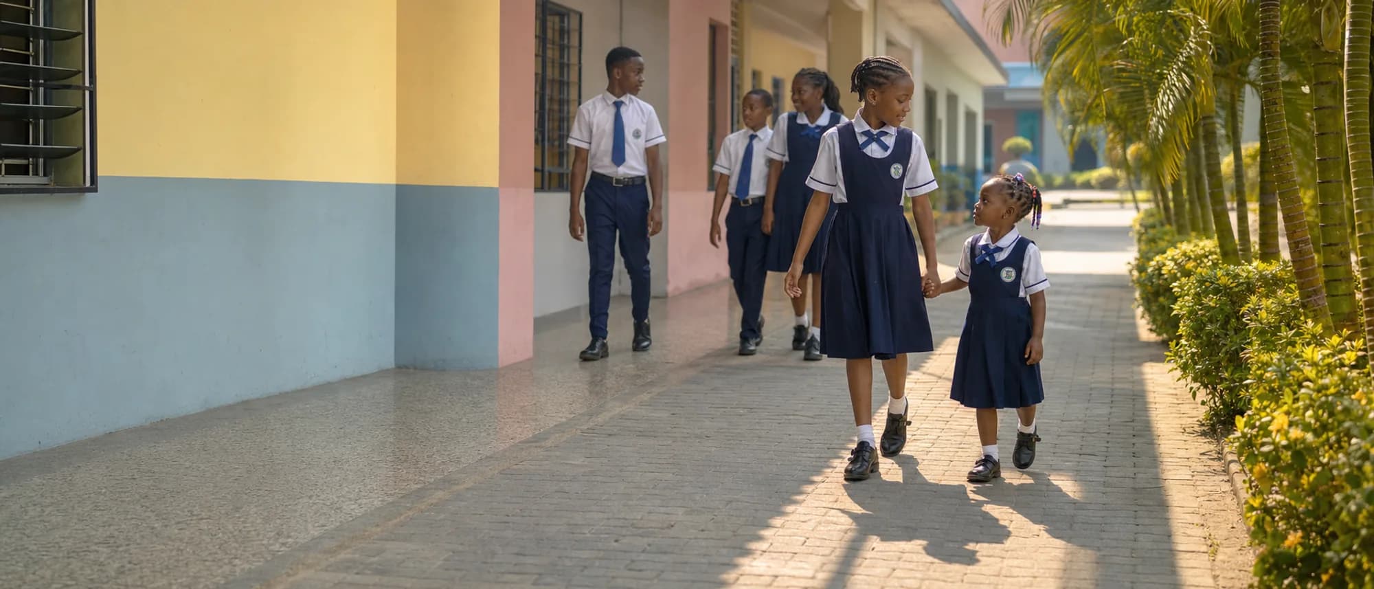 Schoolchildren walking together along a sunny corridor